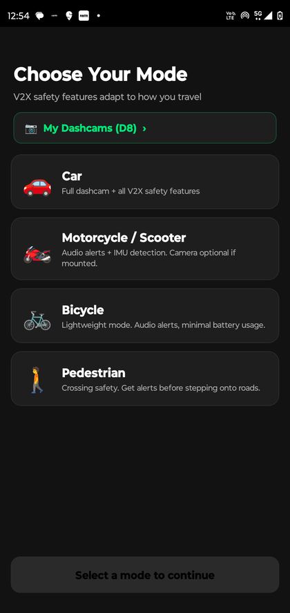 Civilytix app — choosing a travel mode: car, motorcycle, bicycle or pedestrian